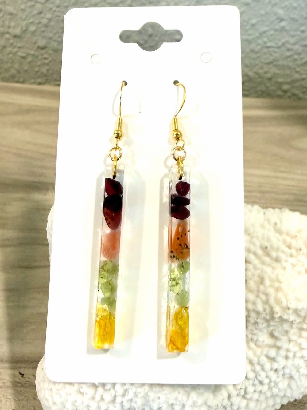 9. Fall Vibes!🍂🍁🍃Handmade Multistone Resin Drop Earrings - Gold Hooks - Colorful